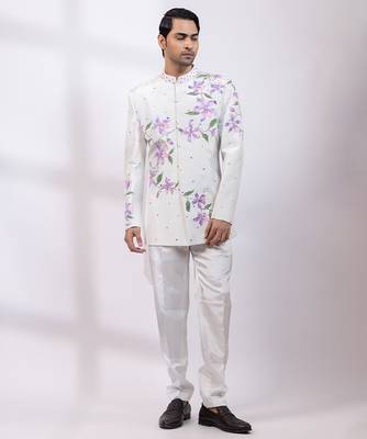 Greyish white embroidered silk bandhgala and pant 5