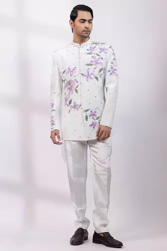 Greyish white embroidered silk bandhgala and pant