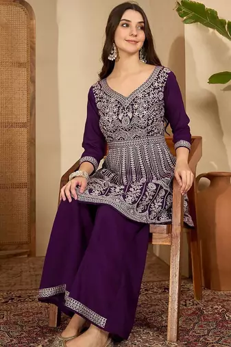 Embroidered v-neck kurta & palazzos