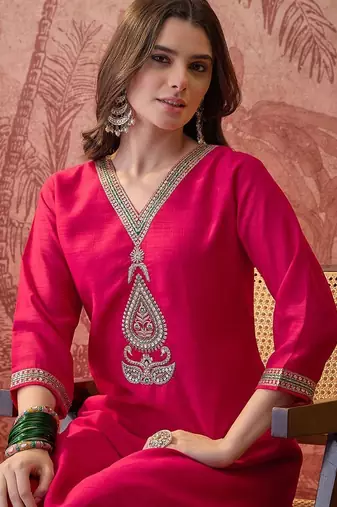Embroidered v-neck kurta & palazzos kurta set