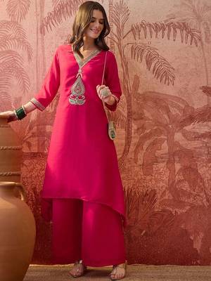 Embroidered v-neck kurta & palazzos kurta set 1