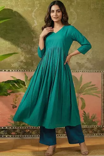 V-neck kurta & trousers kurta set