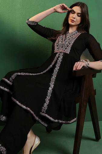 Alina cut embroidered a-line silk kurta with palazzo set