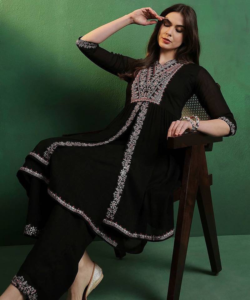 Alina cut embroidered a-line silk kurta with palazzo set