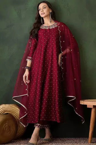 Geometric printed zari & sequinned a-line kurta & palazzo with dupatta