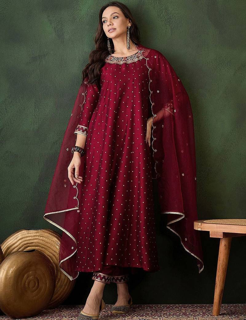 Geometric printed zari & sequinned a-line kurta & palazzo with dupatta