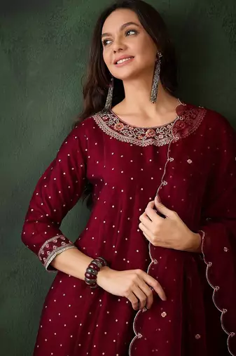 Geometric printed zari & sequinned a-line kurta & palazzo with dupatta