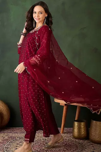 Geometric printed zari & sequinned a-line kurta & palazzo with dupatta