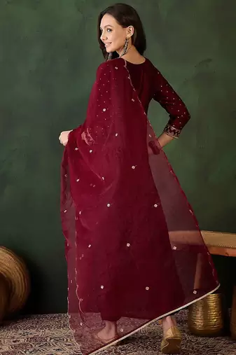 Geometric printed zari & sequinned a-line kurta & palazzo with dupatta