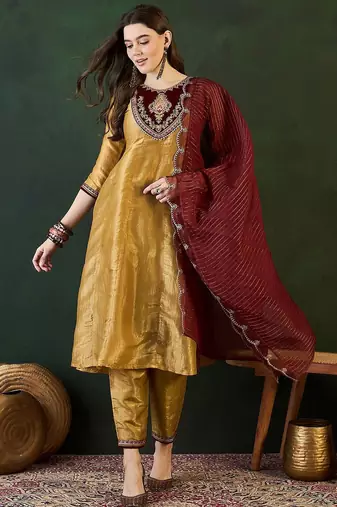 Gold ethnic motifs embroidered thread work a-line kurta with trousers and dupatta