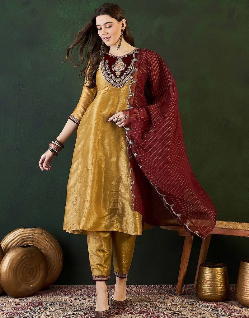 Gold ethnic motifs embroidered thread work a-line kurta with trousers and dupatta