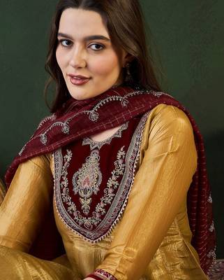 Gold ethnic motifs embroidered thread work a-line kurta with trousers and dupatta 2