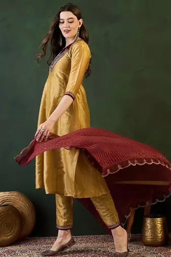Gold ethnic motifs embroidered thread work a-line kurta with trousers and dupatta