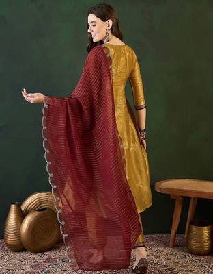 Gold ethnic motifs embroidered thread work a-line kurta with trousers and dupatta 5