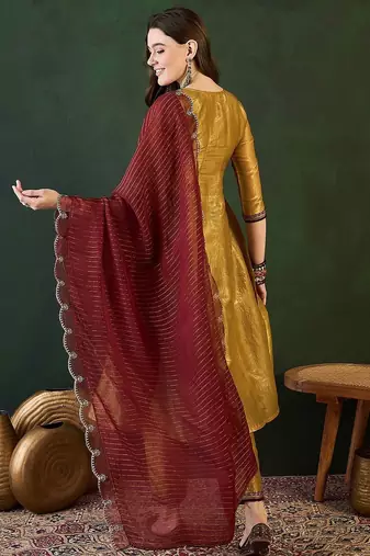Gold ethnic motifs embroidered thread work a-line kurta with trousers and dupatta