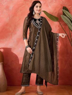 Floral yoke design round neck sequinned a-line kurta with trousers & dupatta 1
