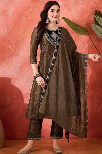 Floral yoke design round neck sequinned a-line kurta with trousers & dupatta