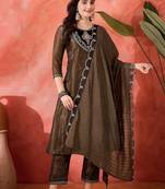 Floral yoke design round neck sequinned a-line kurta with trousers & dupatta