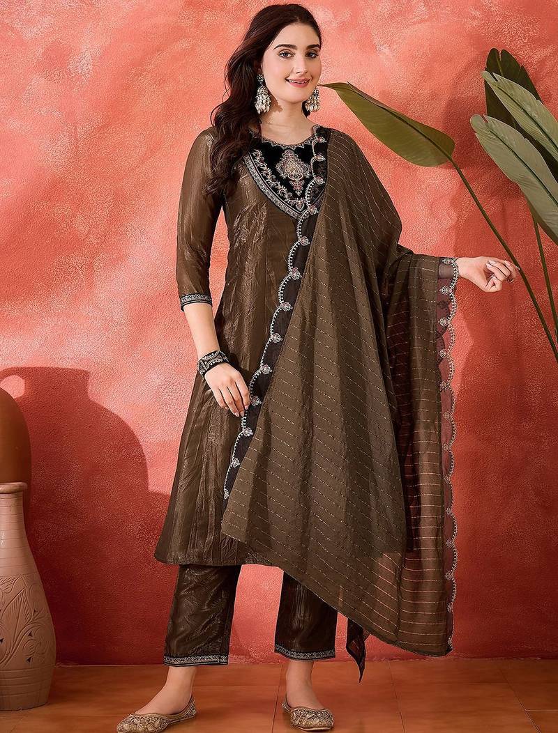 Floral yoke design round neck sequinned a-line kurta with trousers & dupatta