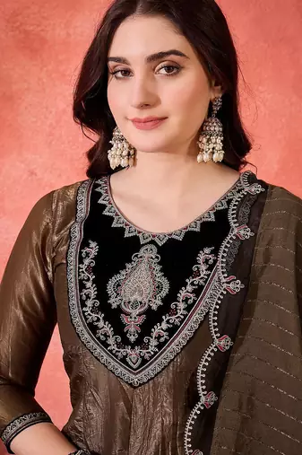 Floral yoke design round neck sequinned a-line kurta with trousers & dupatta