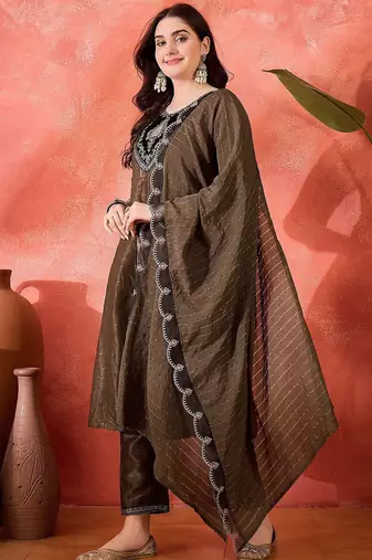 Floral yoke design round neck sequinned a-line kurta with trousers & dupatta