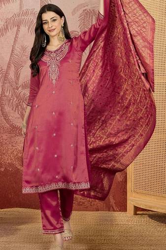 Zari sequence thread embroidered v-neck straight kurta & trousers with dupatta