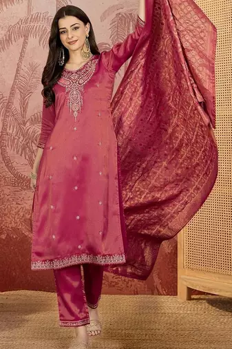 Zari sequence thread embroidered v-neck straight kurta & trousers with dupatta