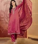 Zari sequence thread embroidered v-neck straight kurta & trousers with dupatta