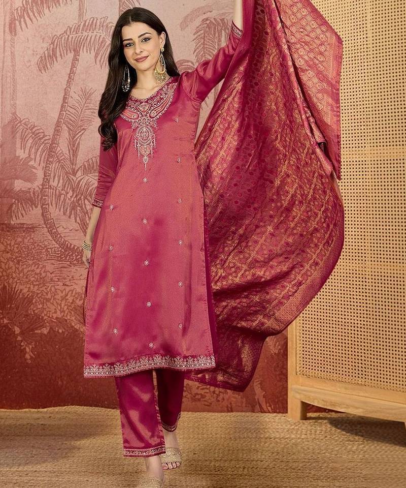 Zari sequence thread embroidered v-neck straight kurta & trousers with dupatta