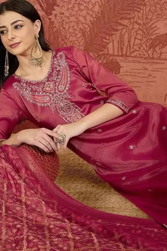 Zari sequence thread embroidered v-neck straight kurta & trousers with dupatta