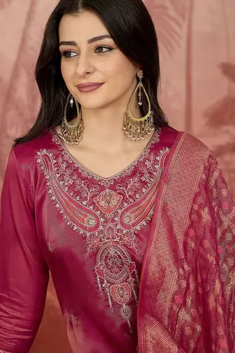 Zari sequence thread embroidered v-neck straight kurta & trousers with dupatta