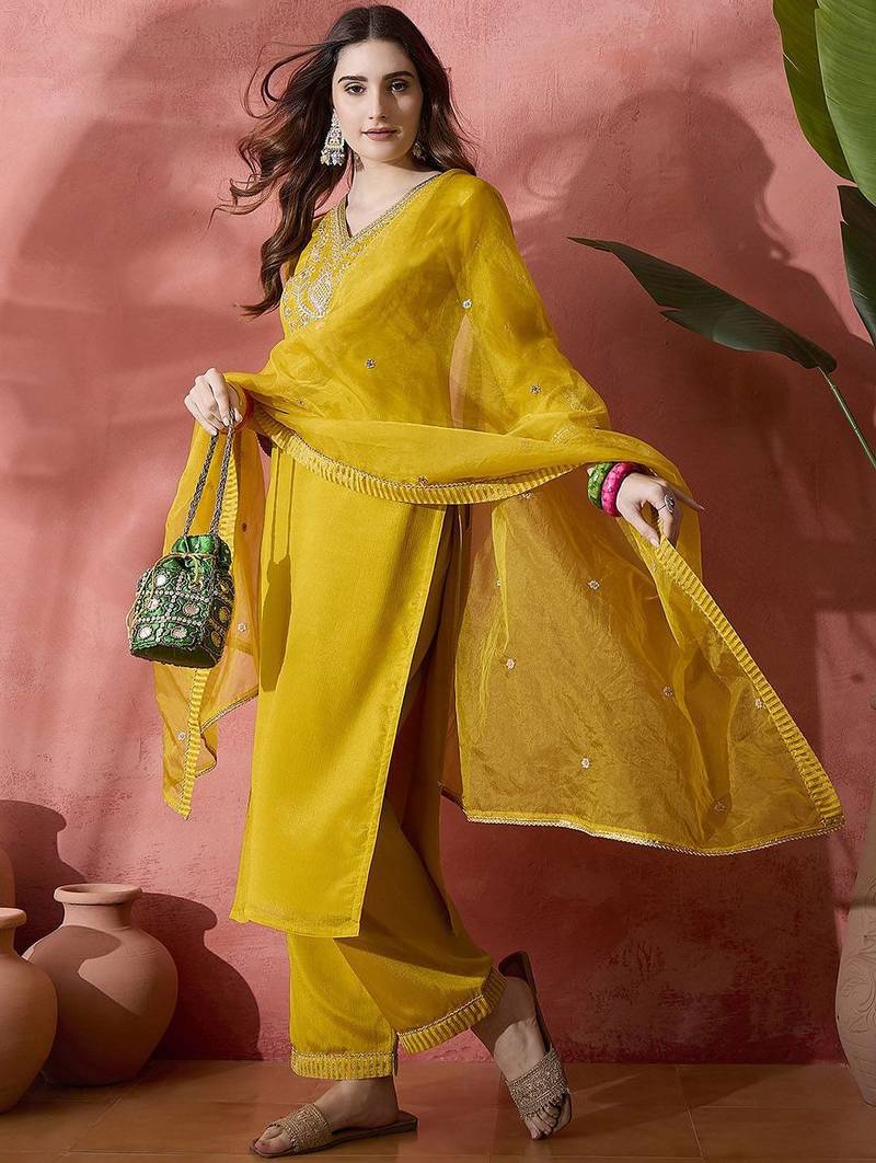 Women ethnic motifs embroidered regular sequinned kurta with trousers & dupatta