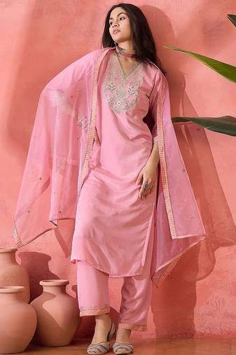 Women ethnic motifs embroidered regular sequinned kurta with palazzos & dupatta