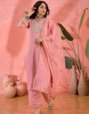 Women ethnic motifs embroidered regular sequinned kurta with palazzos & dupatta 5