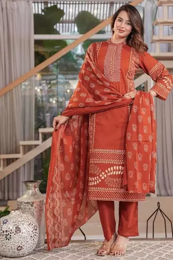 Cotton printed straight kurti-pant-dupatta set