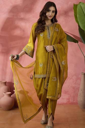 Floral embroidered flared sleeves zari straight kurti with dhoti pant & dupatta