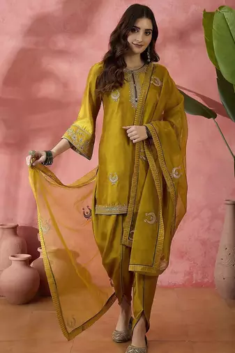 Floral embroidered flared sleeves zari straight kurti with dhoti pant & dupatta