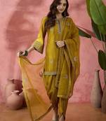 Floral embroidered flared sleeves zari straight kurti with dhoti pant & dupatta