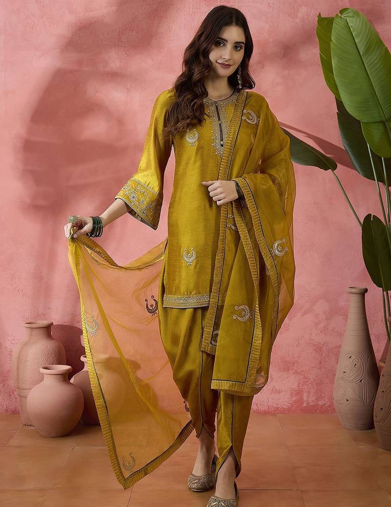 Floral embroidered flared sleeves zari straight kurti with dhoti pant & dupatta