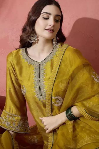 Floral embroidered flared sleeves zari straight kurti with dhoti pant & dupatta