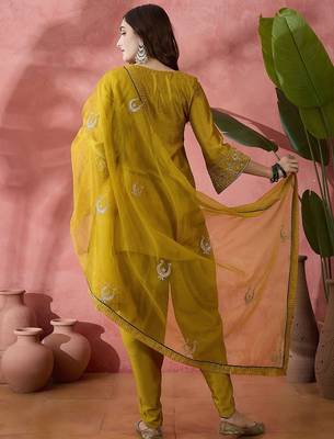 Floral embroidered flared sleeves zari straight kurti with dhoti pant & dupatta 5