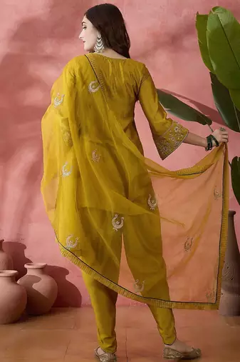 Floral embroidered flared sleeves zari straight kurti with dhoti pant & dupatta