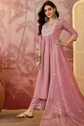 Women floral embroidered pleated sequinned kurta with trousers & with dupatta