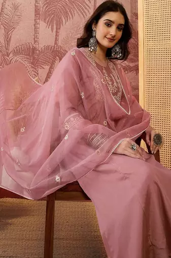 Women floral embroidered pleated sequinned kurta with trousers & with dupatta