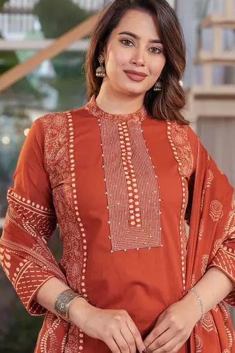Cotton printed straight kurti-pant-dupatta set