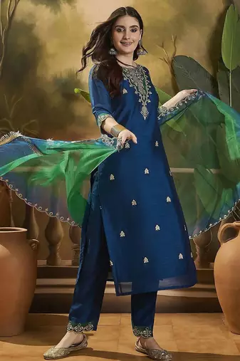 Embroidered sequence kurta trousers with dupatta