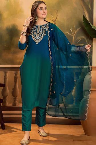 Sequence thread embroidered kurta & trousers with dupatta