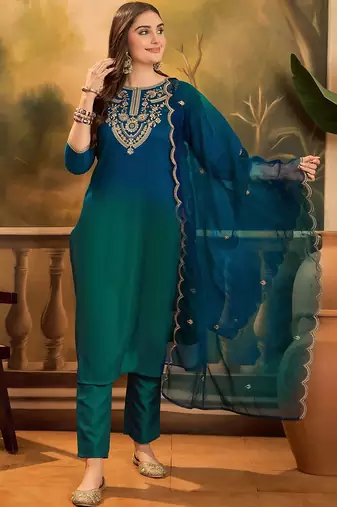 Sequence thread embroidered kurta & trousers with dupatta