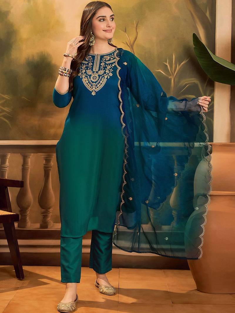 Sequence thread embroidered kurta & trousers with dupatta