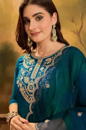 Sequence thread embroidered kurta & trousers with dupatta